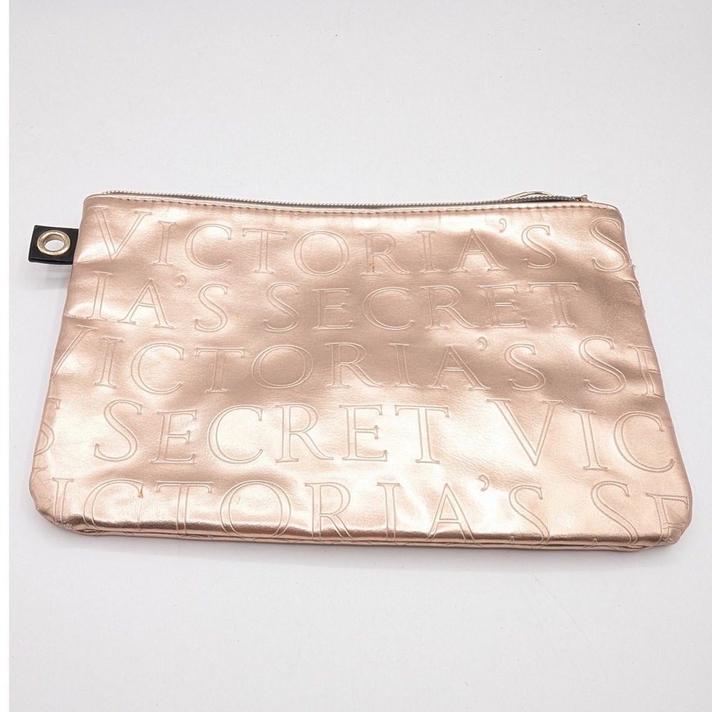 Victorias Secret Makeup Bag Rose Gold Metallic Embossed Logo Zipper Pouch Case